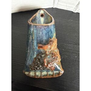 Studio Pottery Wall Pocket Vase Grape Vine Relief Blue Glaze Signed Artisan